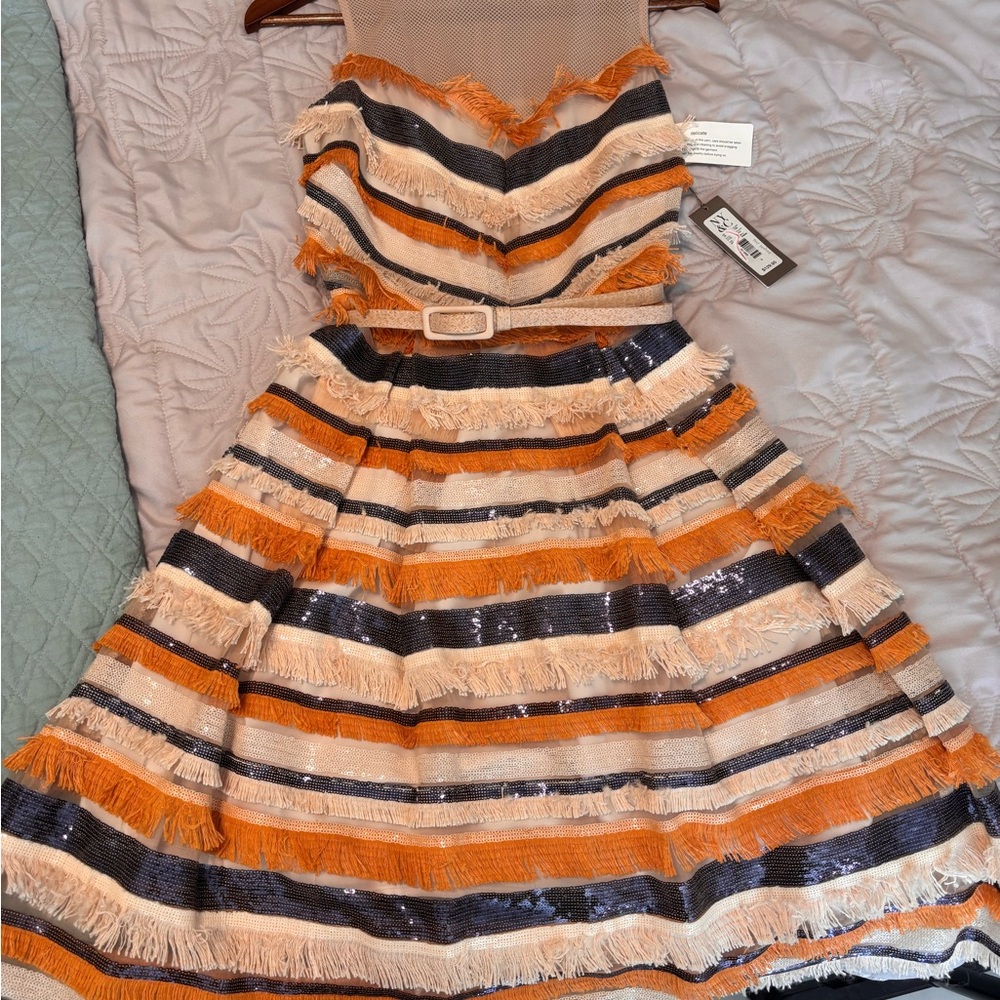 Striped Orange and Black Fringe Dress